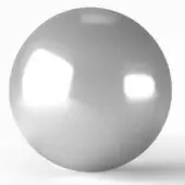 Stainless steel sphere, polished inox metal, seamless round form reflecting rectangular lights, studio setting, Formitalia design object.